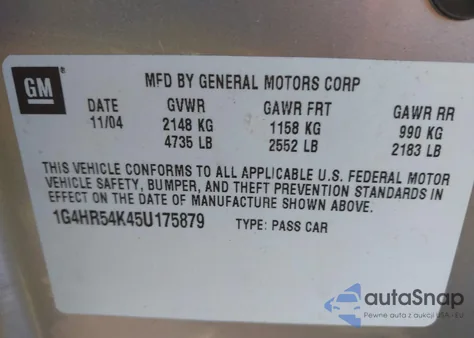 2005 Buick Lesabre Limited from USA, damaged, VIN 1G4HR54K45U175879